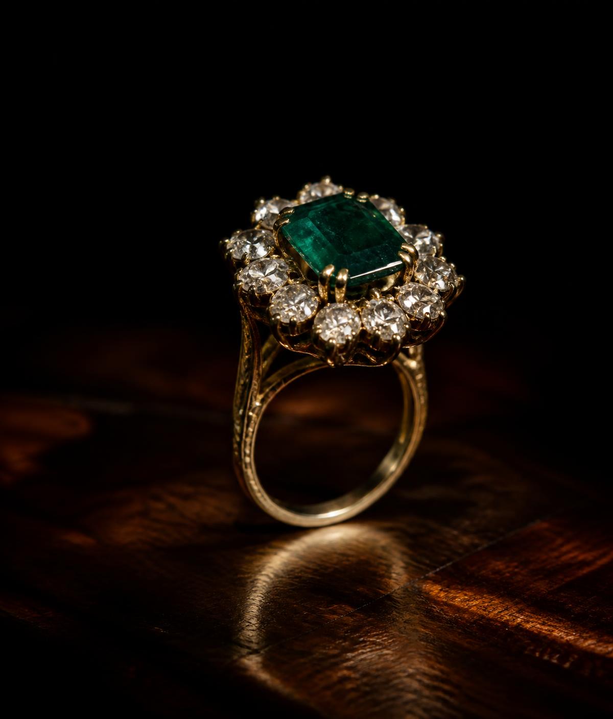 An antique emerald and diamond cluster ring lit against a dark background